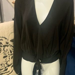 Express silk black front wrap faux tie long sleeved top